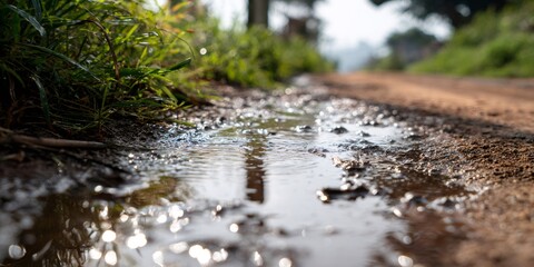 Fototapeta premium Rainwater puddle reflecting sun on a dirt road by green grass, showing wet ground and mud after a morning rain
