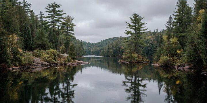 Still lake reflecting northern forest, showing peaceful Canadian wilderness landscape under an overcast sky