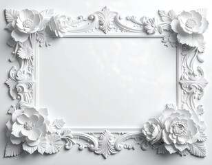 An ornate, rectangular picture frame in pristine white, adorned with sculpted floral elements and scrolling embellishments. It appears to be empty, awaiting a photograph or artwork