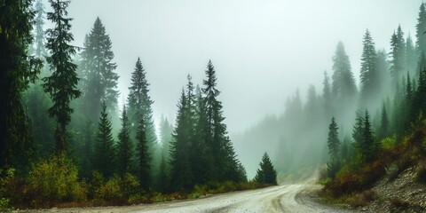 Forest road winding through dense pine trees covered in misty fog, creating an atmospheric, mysterious woodland landscape