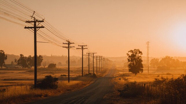 Serene Sunset Over Rural Road with Power Lines and Silhouetted Trees Creating a Peaceful Atmosphere in Golden Hour Light - Powered by Adobe