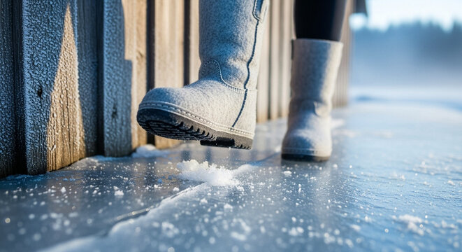 Woman in felt boots walking on icy surface in rural winter setting, cold weather fashion and footwear