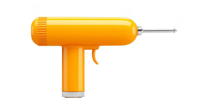 Yellow electric drill with modern design, isolated on transparency background, featuring plastic body, metal drill bit, and ergonomic handle for home improvement or construction projects