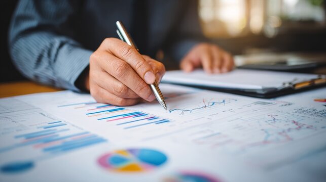 Business Professional Analyzing Financial Reports on Desk, Using Pen to Highlight Data, Charts, Graphs, and Key Performance Indicators in Modern Office Environment