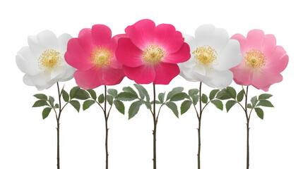 White, pink, and magenta wild rose flowers with green leaves arranged in row, isolated on transparent background, create fresh and cheerful botanical display
