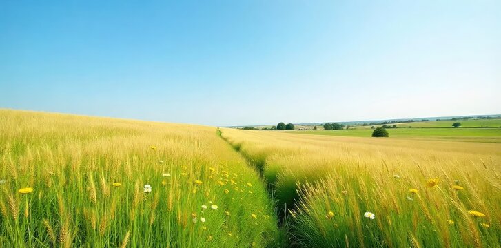 Vast expanse of tallgrass prairie swaying gently in the breeze, wildflowers dotting the landscape under a clear blue sky A peaceful, untouched natural scene , country, flora