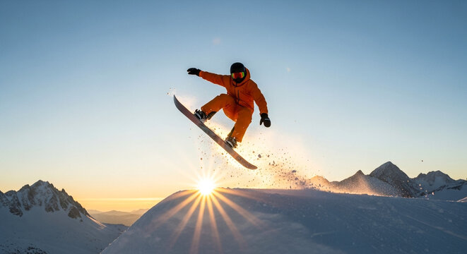 Snowboarder Jumping Off Slope Against Sunrise on Mountain, Winter Sports Adventure and Thrill - Powered by Adobe