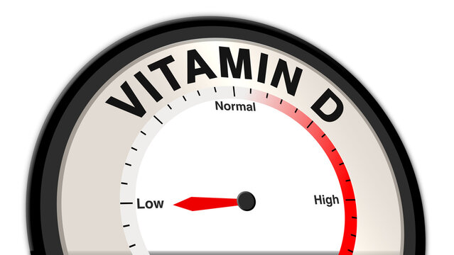 Vitamin D at low levels on a barometer or tachometer, showing symptoms like fatigue, bone pain, and weakened immunity, requiring supplementation and dietary adjustments for recovery
