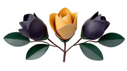 Yellow rose and two purple roses with green leaves on single brown stem, digital illustration, elegant floral arrangement, isolated on transparent background