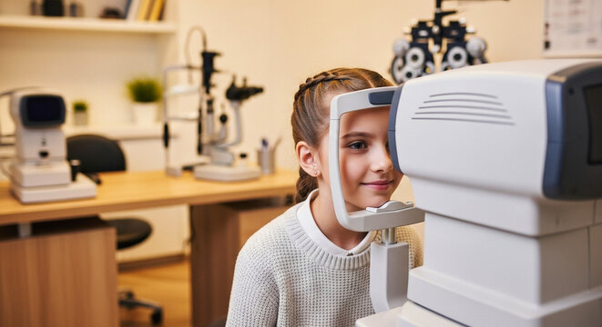 Child receiving eye examination with autorefractor in optometry office, vision health assessment