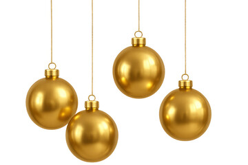 Golden christmas baubles hanging for holiday seasonal celebration and winter festive decoration on transparent background