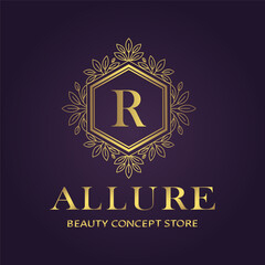 Sophisticated golden hexagon logo featuring the letter r and allure beauty concept store text