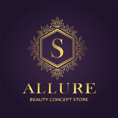 Luxurious golden hexagon logo with the letter s and allure beauty concept store branding