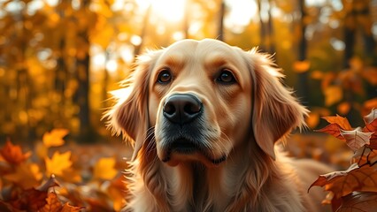 Golden Retriever portrait in autumn leaves with soft sunlight