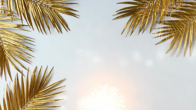 Golden palm leaves scattered across a white surface, creating a visually appealing frame for tropical design elements and festive occasions.