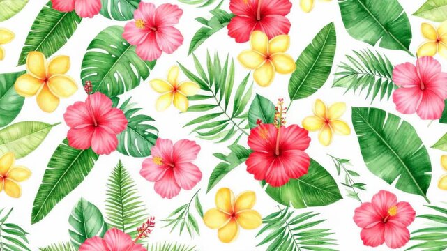 Watercolor tropical seamless pattern with red hibiscus flowers, yellow plumeria blossoms and green monstera palm banana leaves on white background.