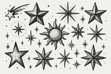 Black And White Seamless Space Elements, Star, Starry Sky Pattern Sketch Style Isolated. Set Of Hand Drawn Doodle Stars, Sun, Moon, Planets And Stars Illustration In Vintage Engraving Style.