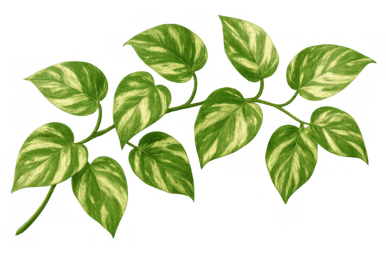 Pothos vine plant illustration with variegated green and yellow leaves, natural decorative element, transparent background