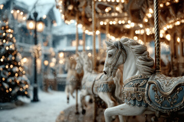 Vintage Christmas Carousel with White Horses — Festive Winter Scene for Postcards and Holiday Calendars