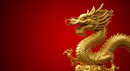 Fototapeta premium Golden dragon statue on a red surface with copyspace, symbol of power and prosperity
