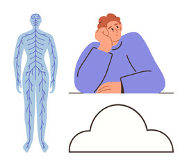 Nervous system chart beside a person in deep thought and a simple cloud shape. Ideal for anatomy, human biology, emotions, psychology, mental processes, learning concepts, simple flat metaphor