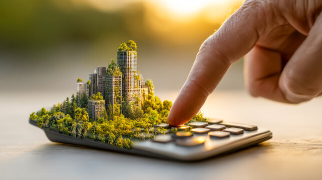 Digital urban planning concept with miniature cityscape on a calculator in a natural setting