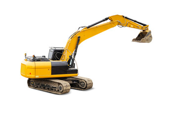 A heavy-duty excavator stands isolated, showcasing its capabilities for digging and lifting in...