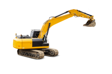 A heavy-duty excavator stands isolated, showcasing its capabilities for digging and lifting in construction sites or demolition areas. Equipment rental.