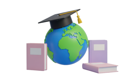 Graduation Cap on Earth Globe with Books isolated on a transparent background mortarboard