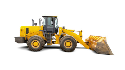 Yellow construction loader stands alone on a white background, highlighting its powerful design and large scoop attachment ready for work.