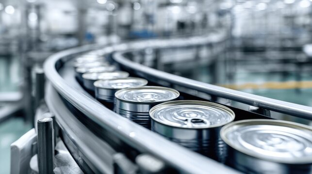 Rows of metal cans move along automated conveyor belt in modern factory. Industrial clean professional environment. Production process of canned goods. Manufacturing, food industry, automation.