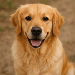 happy golden retriever dog smiling outdoors close up portrait with warm light showing friendship love and loyal companion energy