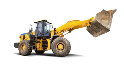 A large yellow front-end loader or bulldozer with its bucket raised. Isolated background. Equipment rental.