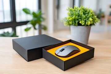 Wireless computer mouse in elegant gift box opening