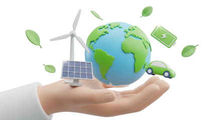 Hand holding globe with renewable energy symbols isolated on a transparent background earth