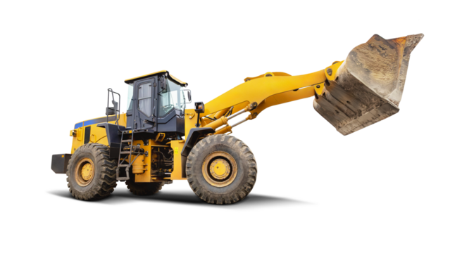 A large yellow front-end loader or bulldozer with its bucket raised. Isolated background. Equipment rental.