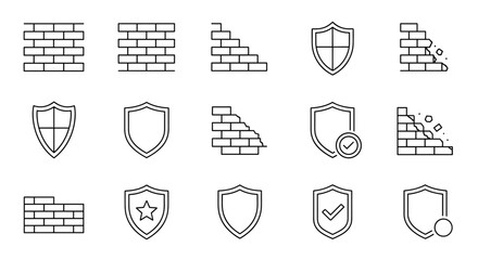 Set of minimalistic linear pictograms representing brick walls and shields, symbolizing protection, security, and defense. Includes intact walls, crumbling walls with falling bricks, and various