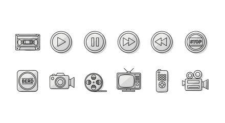 Collection of Video Tape Related Line Icons: Outline Signs for Graphic and Web Design, Apps, Advertisements, Various Cards, Vector Cartoon Illustration with Play, Pause, Stop, Rewind, Fast Forward