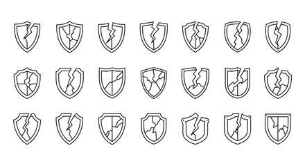 Collection of Broken Shield Line Icons, representing concepts of vulnerability, defense failure, protection loss, and security breaches. These outline signs are perfect for graphic design, web