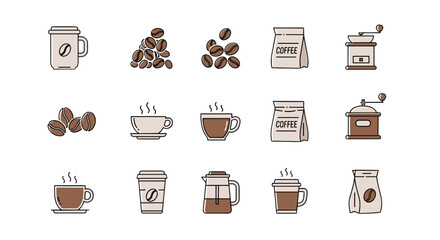 A collection of modern outline-style vector icons representing coffee beans, mugs, coffee bags, and grinders, perfect for design projects, cards, apps, and social networks, presented in a clean