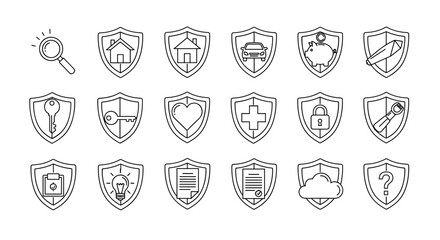 Collection of outline icons representing defense, insurance, and protection, featuring shields with various items like houses, cars, hearts, keys, piggy banks, and documents, suitable for graphic and