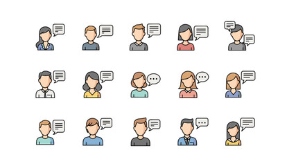 Faceless People Talking Minimalistic Sign Vector Cartoon Illustration Set: A collection of diverse faceless individuals engaged in communication, depicted with clean lines and simple shapes, ideal