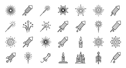 Collection of thin line icons representing various fireworks, sparklers, and candles, perfect for web, books, cards, and apps. This editable stroke vector cartoon illustration on a white background