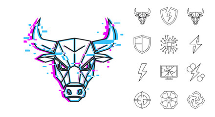 Futuristic Digital Glitchy Bull Head with Cyan and Magenta Overlays, Symbolizing Strength and Technology, Accompanied by a Set of Clean Line Icons Including Shields, Lightning Bolts, Circuit Boards