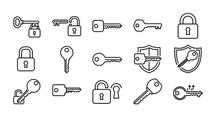Collection of outline icons representing keys and locks, symbolizing security, access, and privacy. This set includes various lock types like padlocks and shield locks, alongside different key