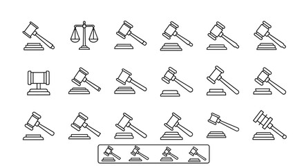 Judicial Gavel Outline Icon Collection: A Versatile Vector Set for Legal and Business Visuals, Featuring Editable Strokes Perfect for Infographics, Articles, Books, Flyers, and Banners. Cartoon