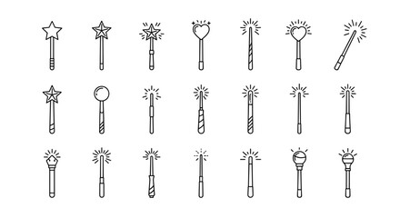 A collection of thin, editable stroke magic wand icons, perfect for web, books, cards, and apps. This vector cartoon illustration features a white background, offering a versatile and enchanting