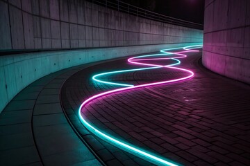 Futuristic neon light tunnel with vibrant pink and teal glowing lines creating a dynamic pathway