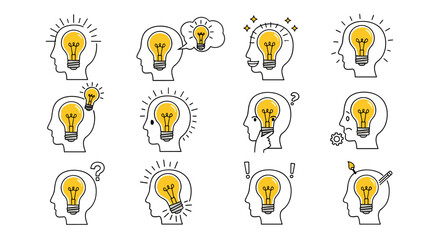 Set of 12 lightbulb in head icons representing different ideas, thoughts, and emotions, perfect for graphic design, web, cards, books, and articles. This vector cartoon illustration features a white