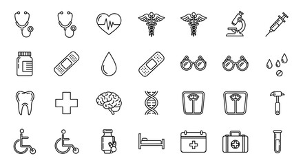 A comprehensive collection of medical and health-related line icons, featuring stethoscopes, heartbeats, caduceus symbols, microscopes, syringes, pills, bandages, blood drops, teeth, crosses, brains